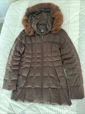 Searle Chocolate Brown Quilted Hooded Puffer with Faux Fur Trim